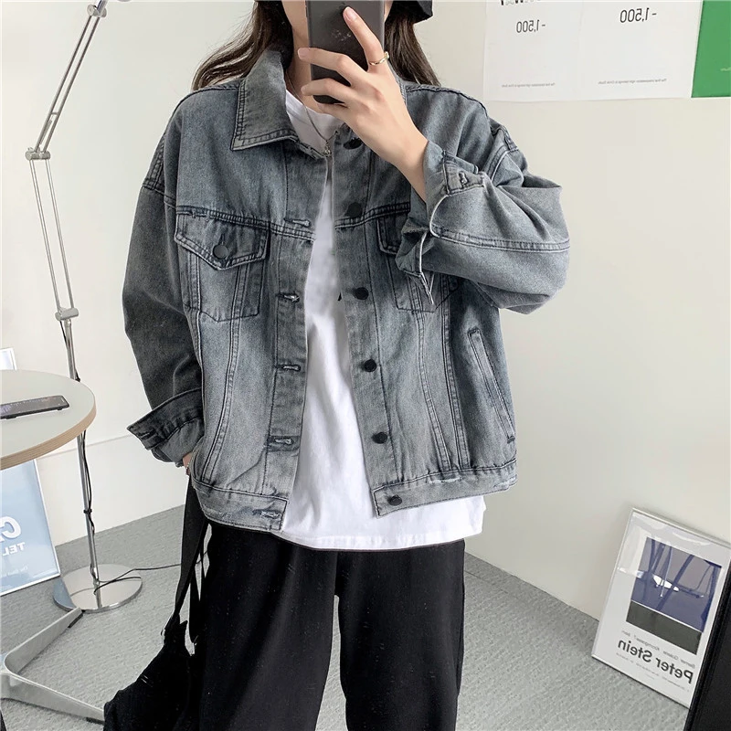 

Jean Jacket Women Autumn Casual Turn-down Collar Long Sleeve Loose Denim Jacket Female Preppy Style Denim Coats Mujer Chaqueta