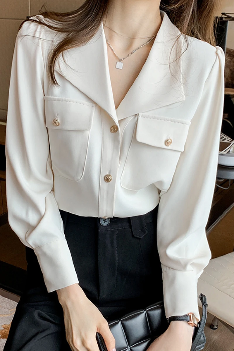 

Shirt female design sense niche 2021 autumn new French V-neck high-end chiffon shirt temperament professional top
