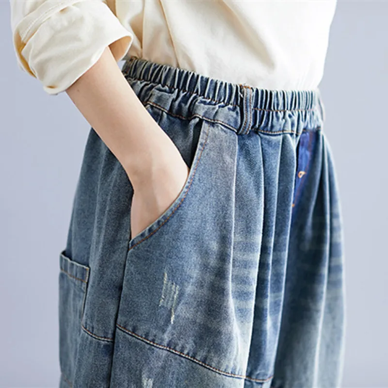 Johnature осенние винтажные рваные джинсы для женщин Новые повседневные свободные штаны-шаровары с эластичной талией корейские удобные джинсовые штаны