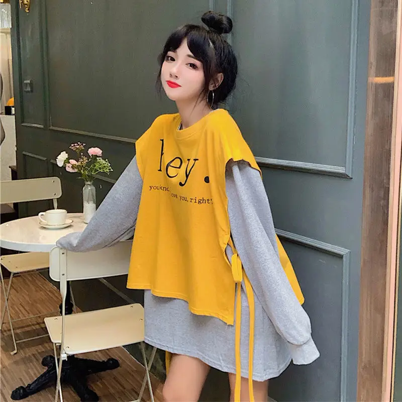 

Spring two-piece T-shirt Long Sleeve Top Student Korean loose and thin foreign style Harajuku style bottom coat