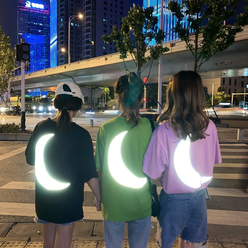 

2021 T Shirt Summer Fashion moon Reflective Print Casual T Shirt Women Loose Oversize Short Sleeves Solid Women's Top