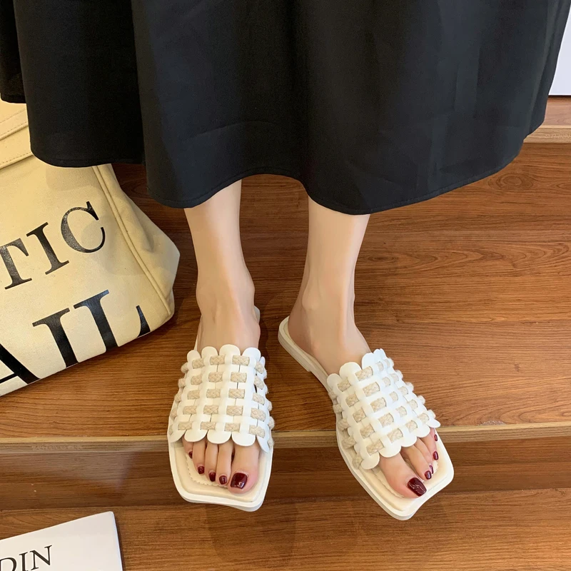 

Female Shoes Womens Slippers Outdoor Luxury Slides Low Lady Square Toe 2021 Designer Rubber Girl Soft Beach Flat Summer PU Rome