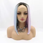 Sylvia половина синий половина розовый эффектом деграде (переход от темного к синтетический Синтетические волосы на кружеве парики для Для женщин волос с темные корни термостойкие волокна короткие парики из натуральных волос