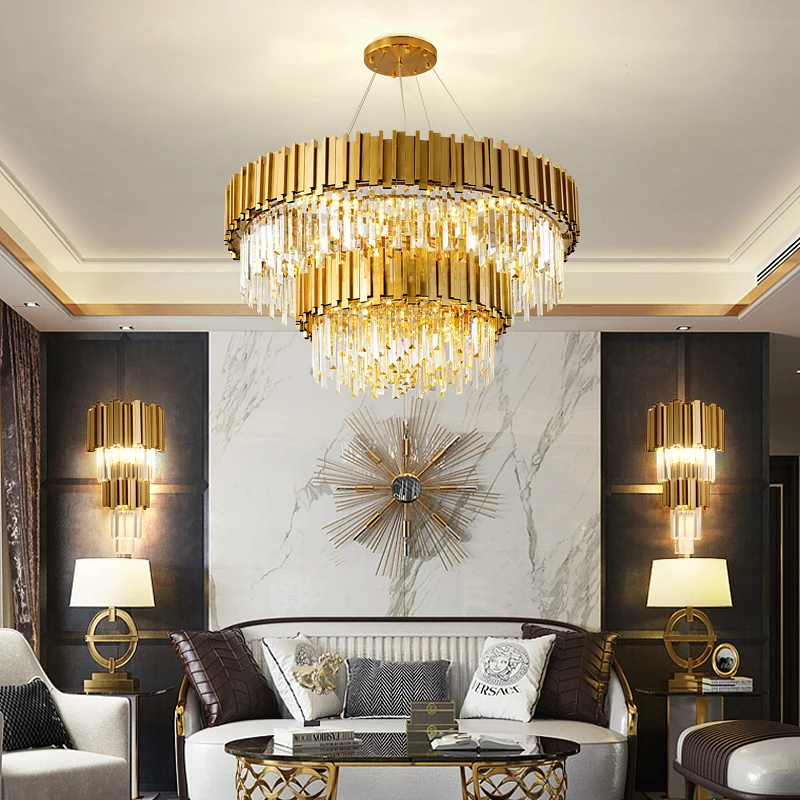 Candelabros de cristal de lujo de oro moderno, iluminación LED, sala de estar de techo para accesorio de luz, Hotel, lámpara colgante de decoración