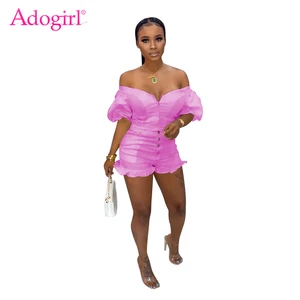 Комплект из двух предметов Adogirl для женщин, короткий топ на молнии с открытыми плечами и рукавами-фонариками, шорты с оборками, летний повседневный костюм, модная одежда