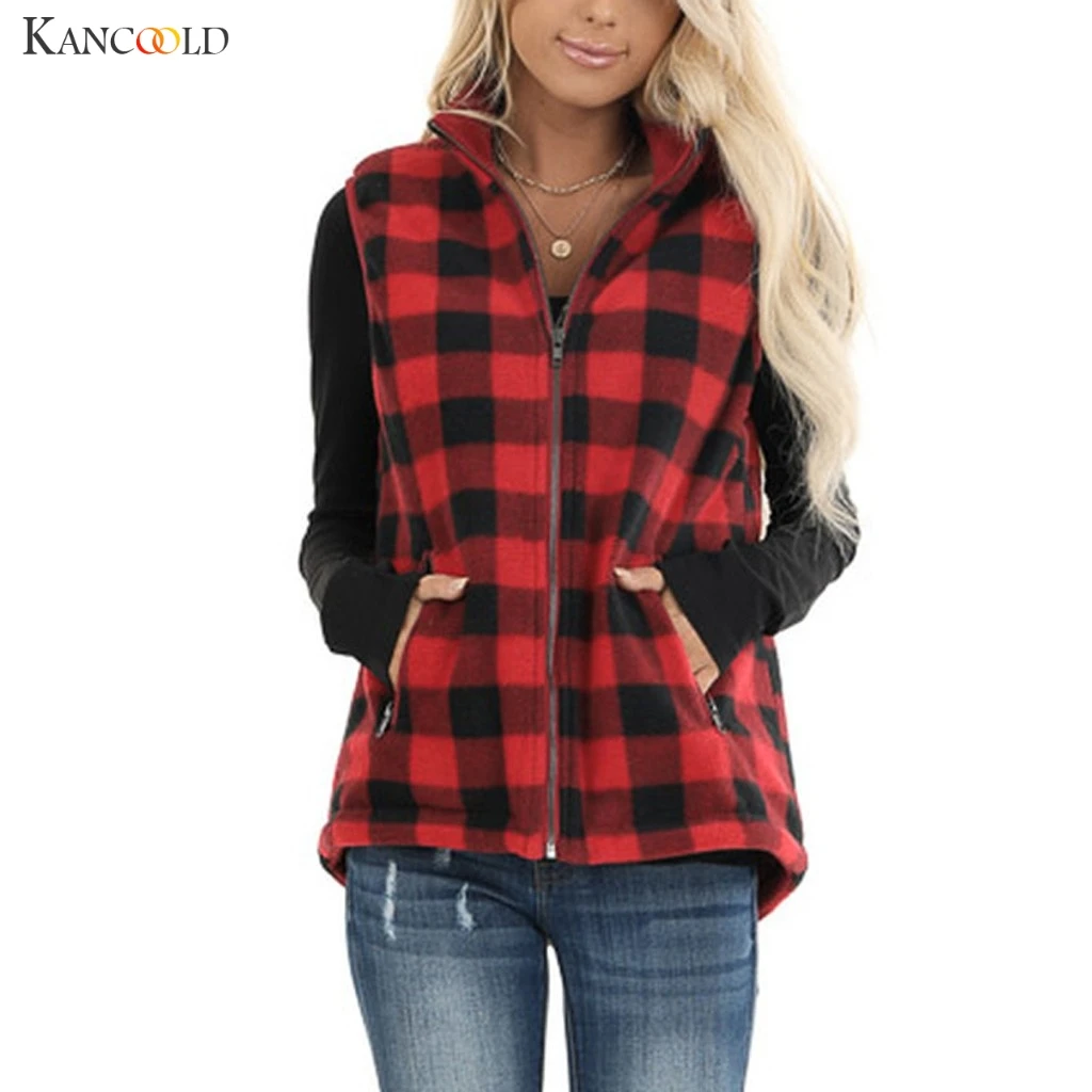 KANCOOLD coats Womens Open Front Color Block Lapel Sleeveless Plaid Pockets Vest Cardigan fashion new Coat women 2019NOV25 | Женская