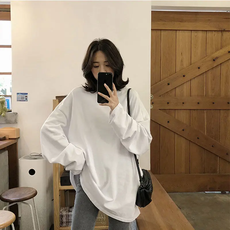 

Long Sleeve T-shirt Women's Autumn and Winter White Bottomed Shirt Korean Lazy Style Loose and Versatile Medium and Long Top