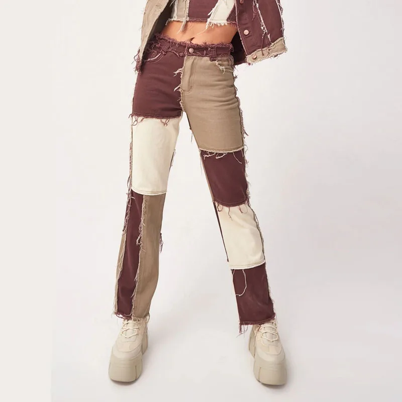 

Womens Patchwork High Waist Straight Leg Pants Streetwear Jeans Bottoms Color Block Lady Trousers Sexy Contrast Stitch Pants