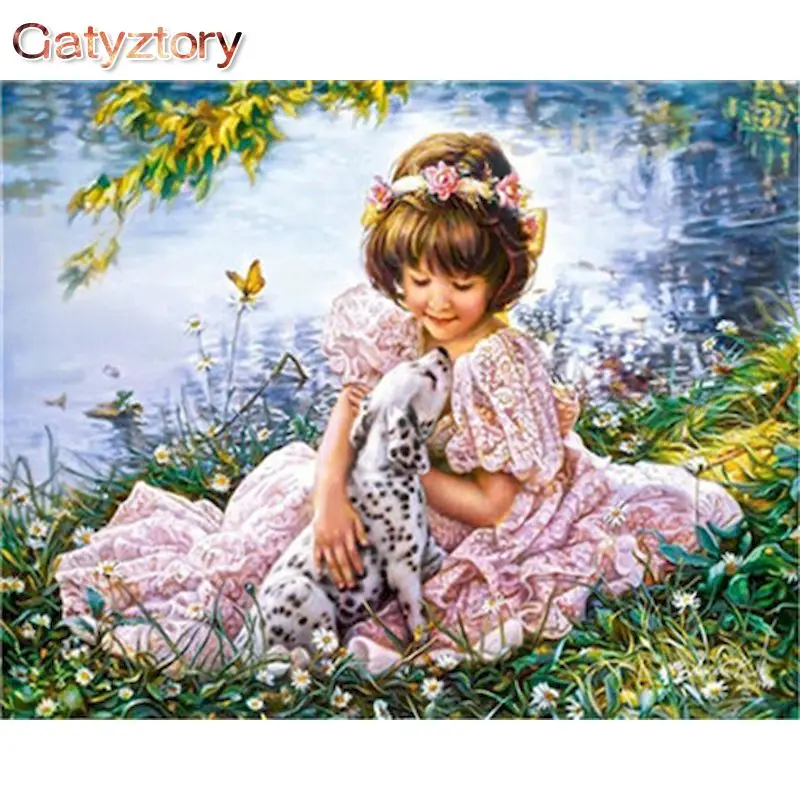 

GATYZTORY Painting By Numbers DIY Gift For Kids Dog Little Girls Figure Oil Picture By Number 40x50 Frame Modern Home Decoration