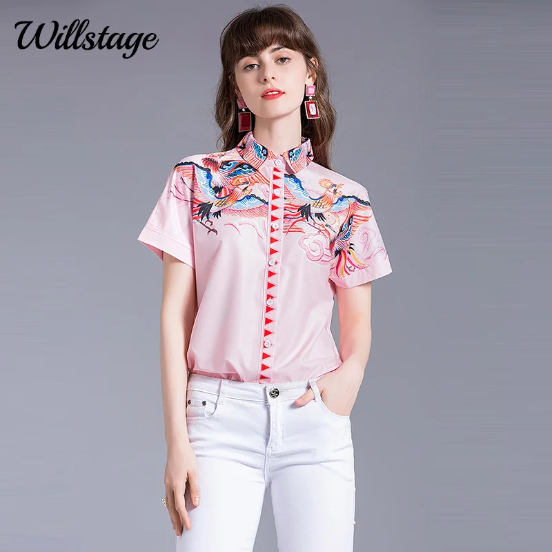 

Willstage Pink shirts women short sleeve blouse Bird Printed Pattern tops collar 2022 Summer Tops Chinese style element shirts