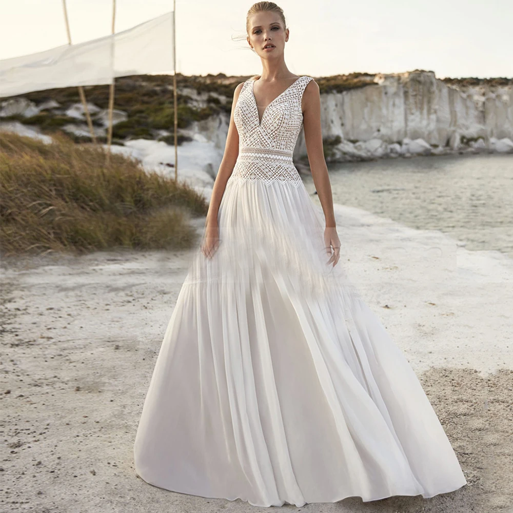 

Elegant A-Line Wedding Dress V-Neck Sleeveless Lace Appliques High Quality Backless Sweep Train Bride Gowns Vestido De Noiva
