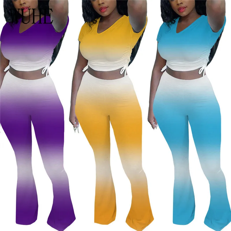 

KEXU Gradient Outfits O Neck Lace Up Short Sleeve Crop Top and Long Pants Casual Elegant Women Summer Party Streetwear 2 Suits