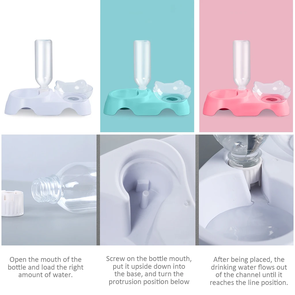 

New Cat Ears Shaped Cat Bowl Oblique Double Bowls Drinking Fountain Leak Proof Cervical Vertebra Neck Protection For Cats Dog