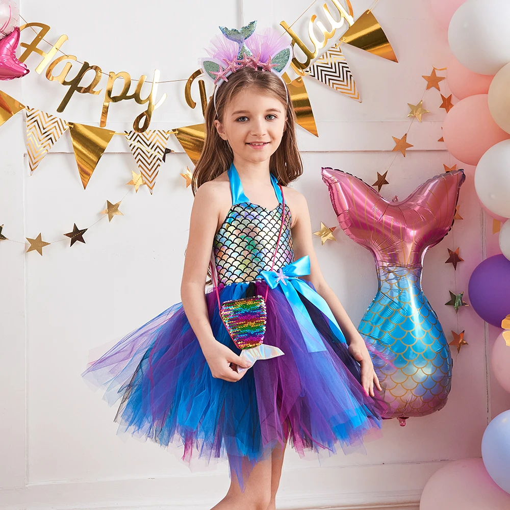 

Girls Mermaid Tutu Dresses Princess Dress Up Sparkly Mermaid Tulle Sea Star Theme Birthday Party Costume