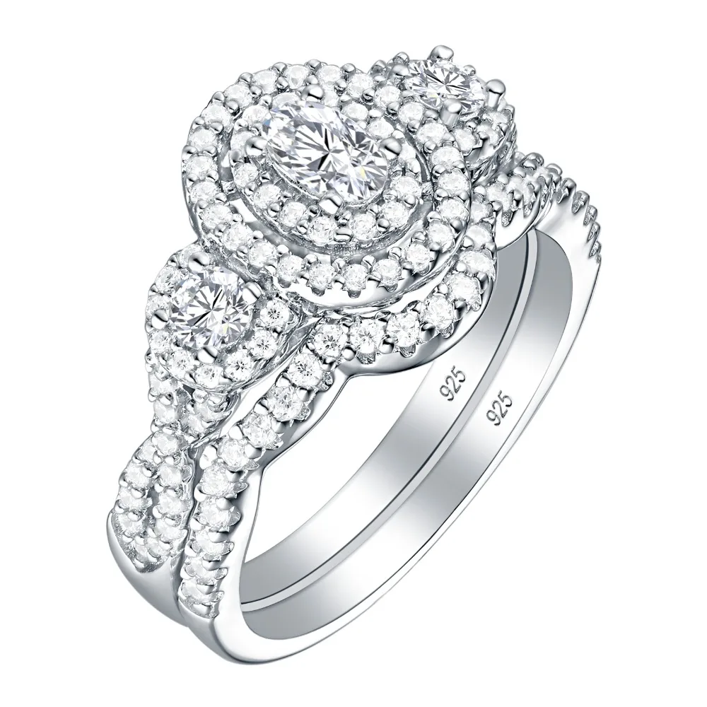 Wuziwen Halo Oval Round Cut AAA Zircon 925 Sterling Silver Wedding Ring Set For Women Engagement Promise Rings Jewelry