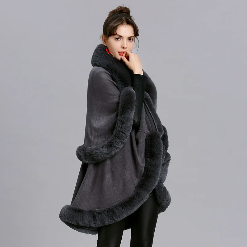 Fashion Double Layer Handcraft Fox Fur Cape Shawl Long Knit Cashmere Poncho Coat Wraps Faux Fur Pashmina Cloak Women Winter New