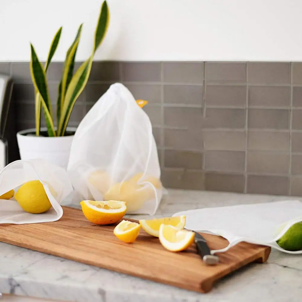 

5Pcs Reusable Mesh Bags Grocery Produce Bag Drawstring Kitchen Vegetable Fruit Sundries Organizer Storage Bags Washable Pouch