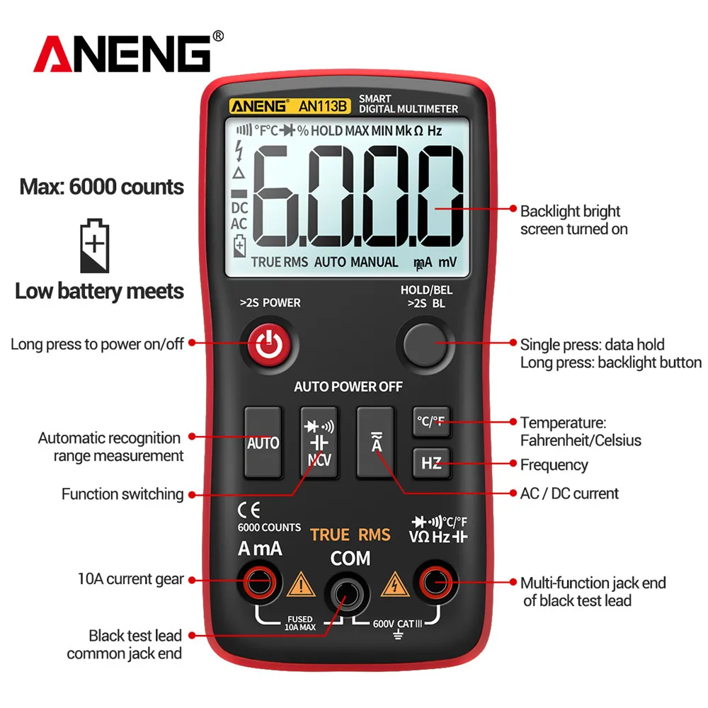 ANENG AN113B Digital Multimeter True RMS with Temperature Tester 6000 Counts Auto-Ranging AC/DC Transistor Voltage Meter | Инструменты