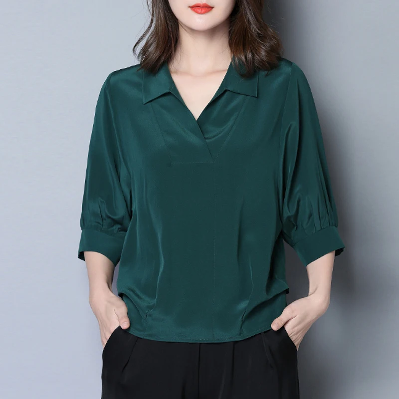 Блузка женская свободного покроя с рукавами-фонариками из искусственного шелка |