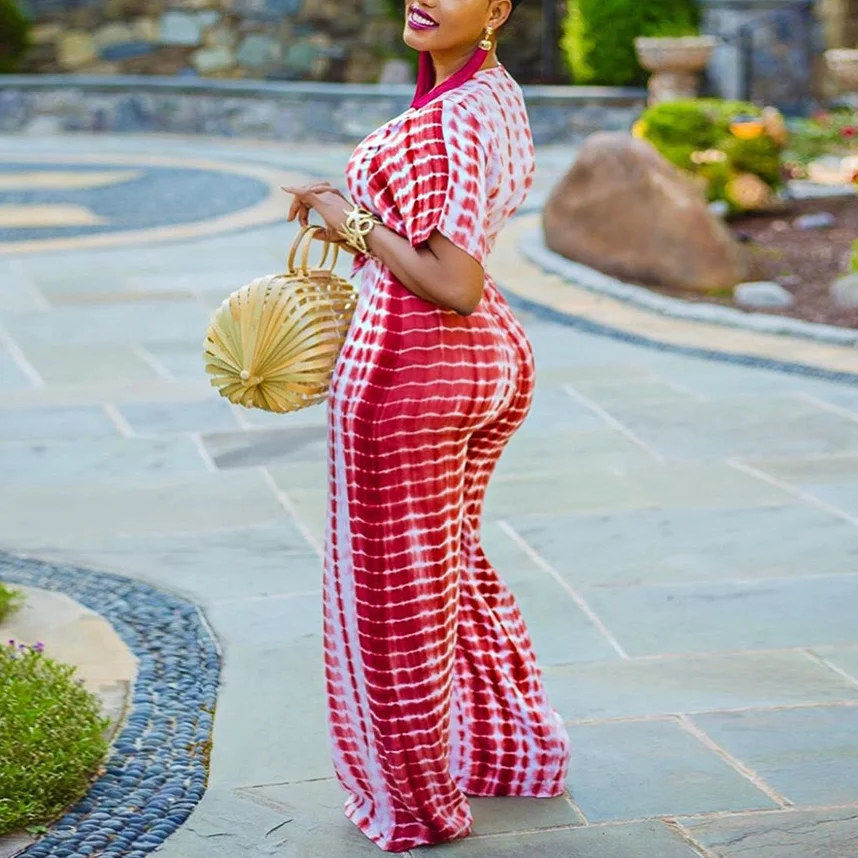 Plus Size Women Sexy Jumpsuits Red Print Deep v Neck Short Sleeve Long Pants Loose High Waist Elegant Evening Night New Jumpsuit