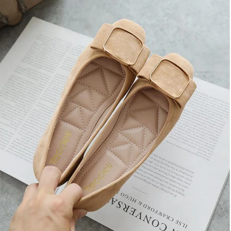 Womens Flat Shoes 2021 Spring Soft Square Toe Ballet Flats Square Buckle Comfort Slip on Flat Shoes Woman 31-45