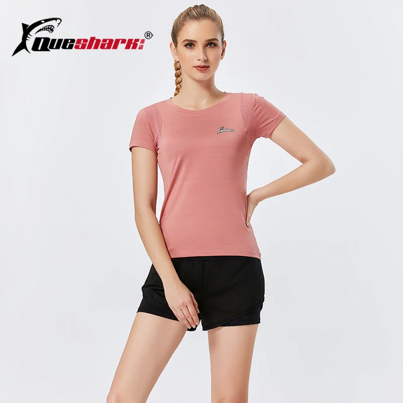 

QUESHARK Summer Running Shirt Women Breathable Mesh Yoga Shirt Quick Dry Sportswear Elastic Black Sports Fitness T-shirt