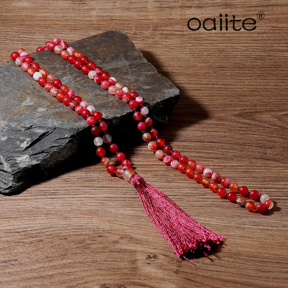 

OAIITE 108 Beads Mala Necklace Natural Stones Matte Sardonyx Knotted Tassel Rosary Meditation Jewelry Yoga Necklaces for Women