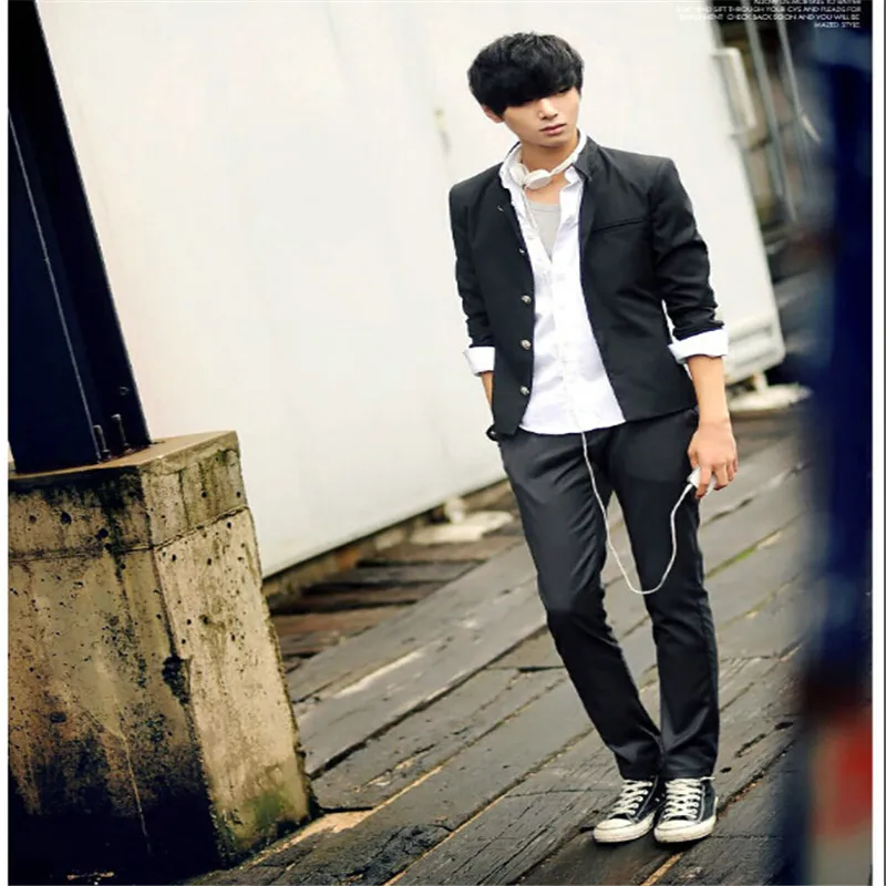2021 New Men Black Slim Tunic Jacket Single Breasted Blazer Japanese School Uniform College Coat