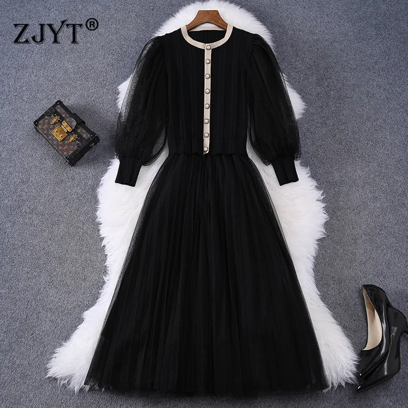 

Autumn Fashion Lantern Sleeve Mesh Patchwork Knited Sweater Dress Women Clothes Elegant Aline Black Party Vestidos Casual Robe