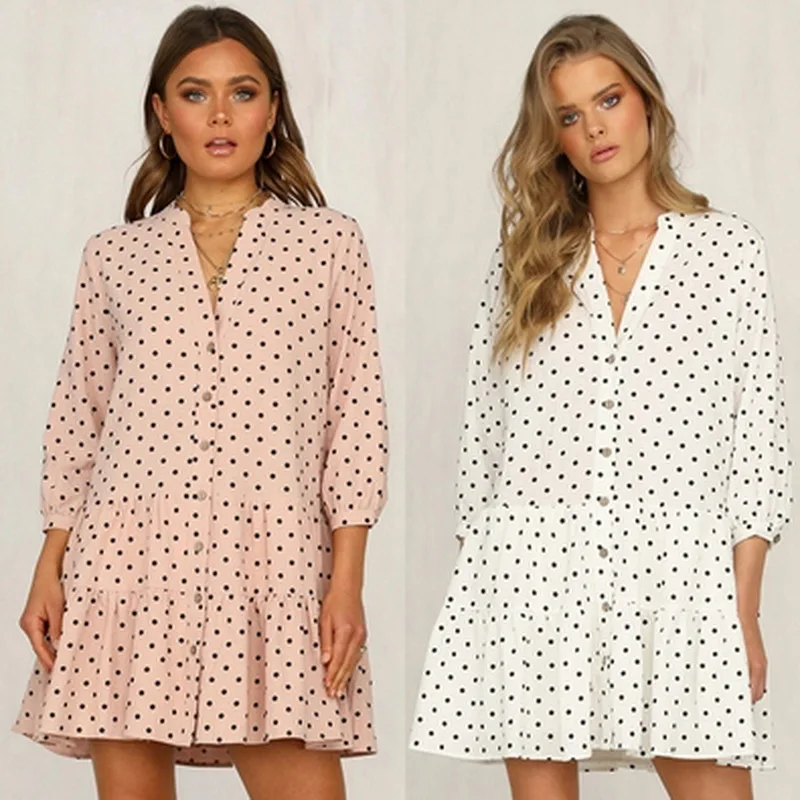 

Summer Women's Fashion Retro Elegant Wave Point Ruffle Sexy V-Neck Hem Button Loose Casual Dress Comfortable And Versatile