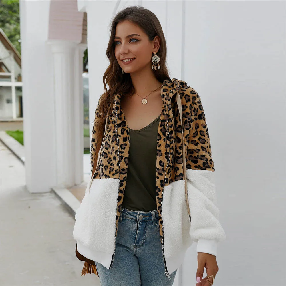 Женский флисовый свитер с леопардовым принтом кардиган на молнии капюшоном