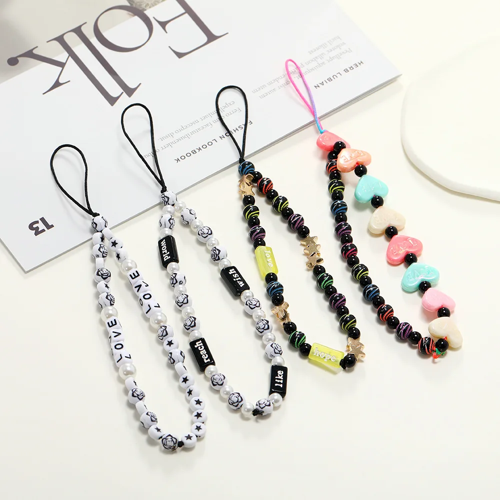 

Personalized Pattern Five-Pointed Star Pattern LOVE Letter White Imitation Pearl Mobile Phone Chain Women's Lanyard Jewelry Gift