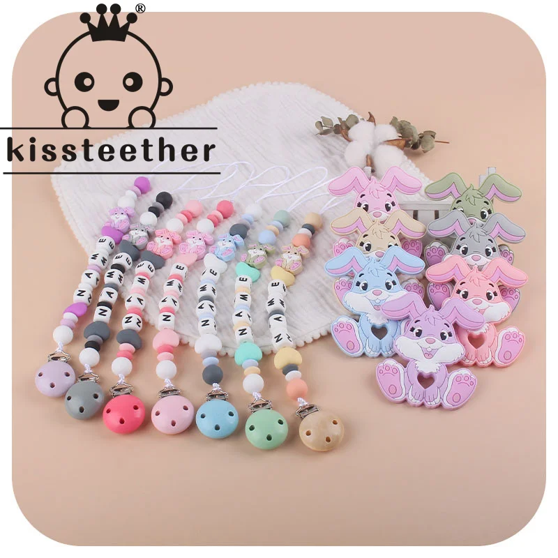 

Kissteether Personalised Baby Pacifier Clip Chain Rabbit Silicone Pendant Teether Beads Holder For Infant Nipple Teething Toys