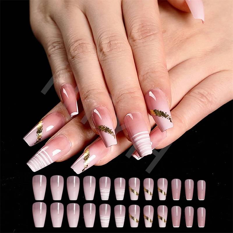 

Manicure Kit 24PCS Set Jelly Gel Acrylic Nail French Ballerina Full Cover Pre Designed Long Coffin Press On Fake Nails With Glue