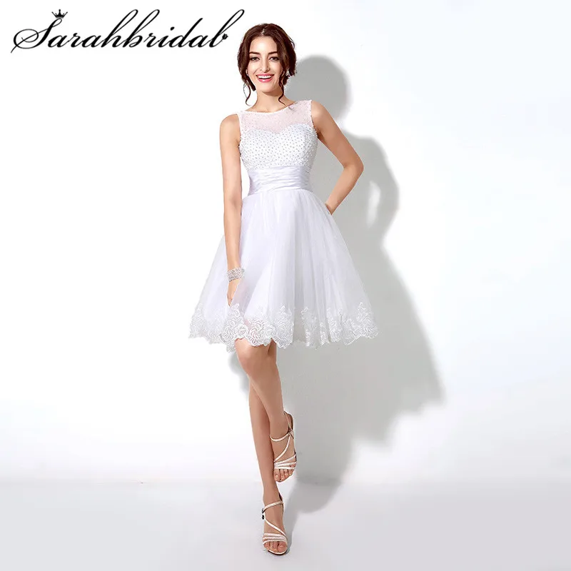 

New Short Wedding Dresses For Women 2022 Bride Sheer Sleeveless Bridal Gown White Pearls Tulle Lace Party Vestido De Noiva SD180