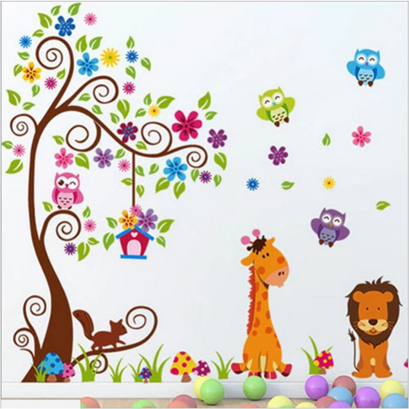 

Большие Мультяшные животные, жираф, Лев, настенные наклейки для детской комнаты, украшение, ПВХ съемные настенные Стикеры, роспись, наклейка...