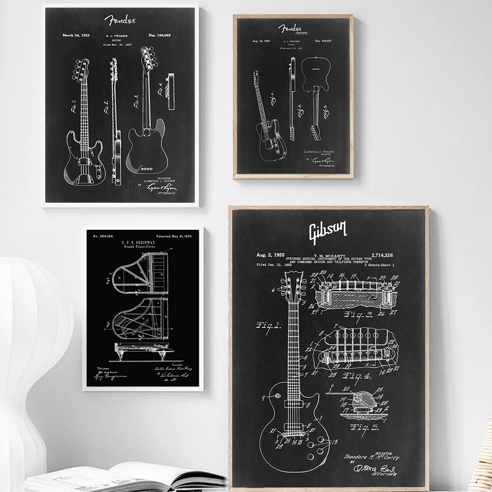 

Music Instruments Canvas Painting Gift Vintage Fender Guitar Blueprint Poster Print Wall Art Picture Living Room Home Decoration