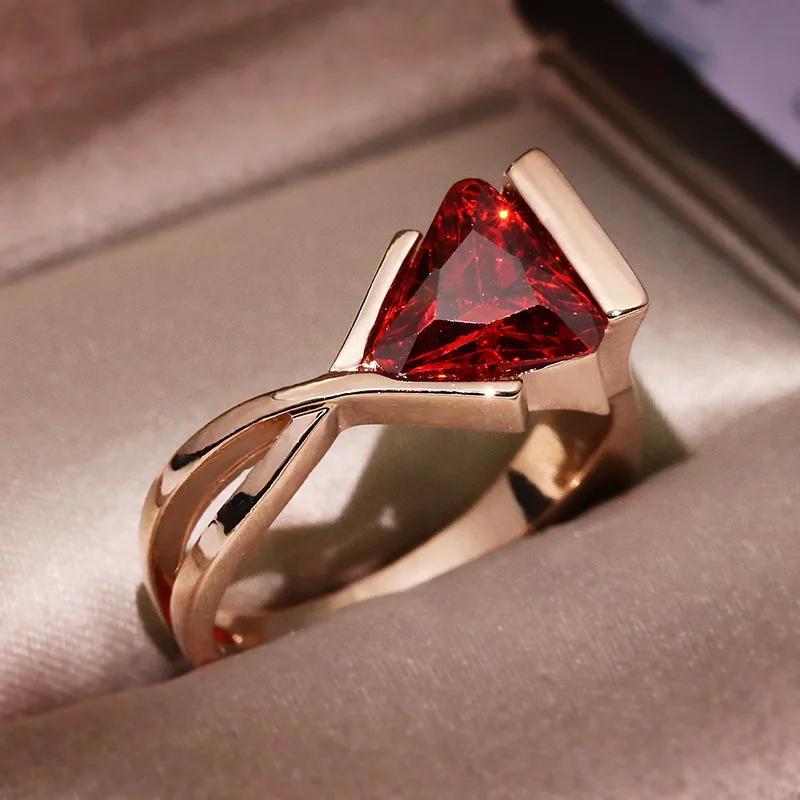 

European American fashion red stone ring rainbow inlaid love water drop zircon color tourmaline wedding ring