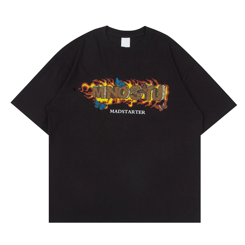 

Dark Icon Printed Flame Earth Hip Hop Tshirt Drop Shoulder Oversized Men's T-shirt Cotton Tee Shirts
