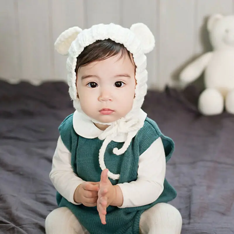 Детская теплая шапочка с милыми медвежьими ушками для маленьких мальчиков и