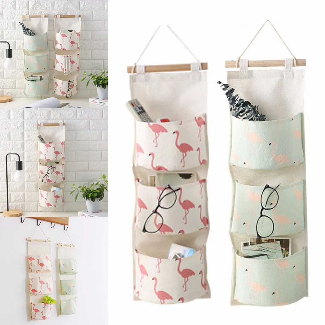 Льняная 3 слойная сумка для хранения с фламинго льняная настенная кармана