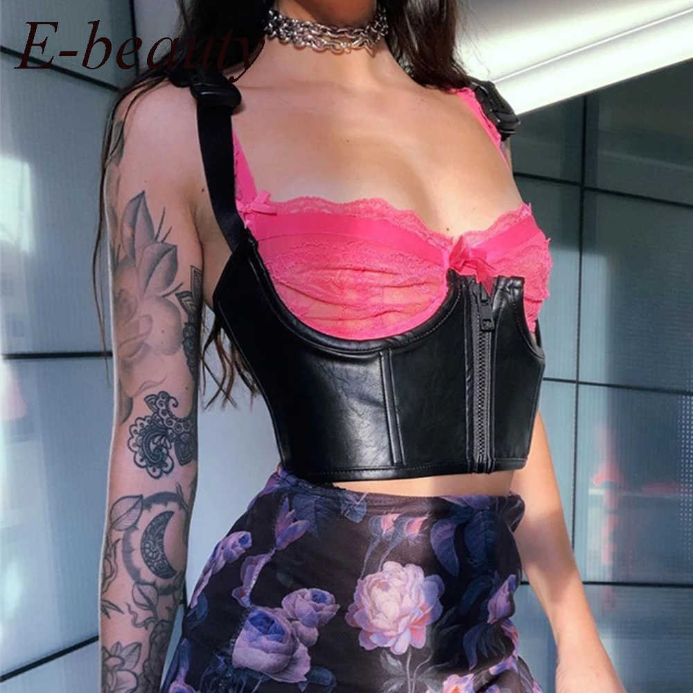 

Женский кожаный топ в стиле панк, Черный Уличный топ с регулируемыми бретельками, привлекательный укороченный топ, жилет 2020, универсальные ...