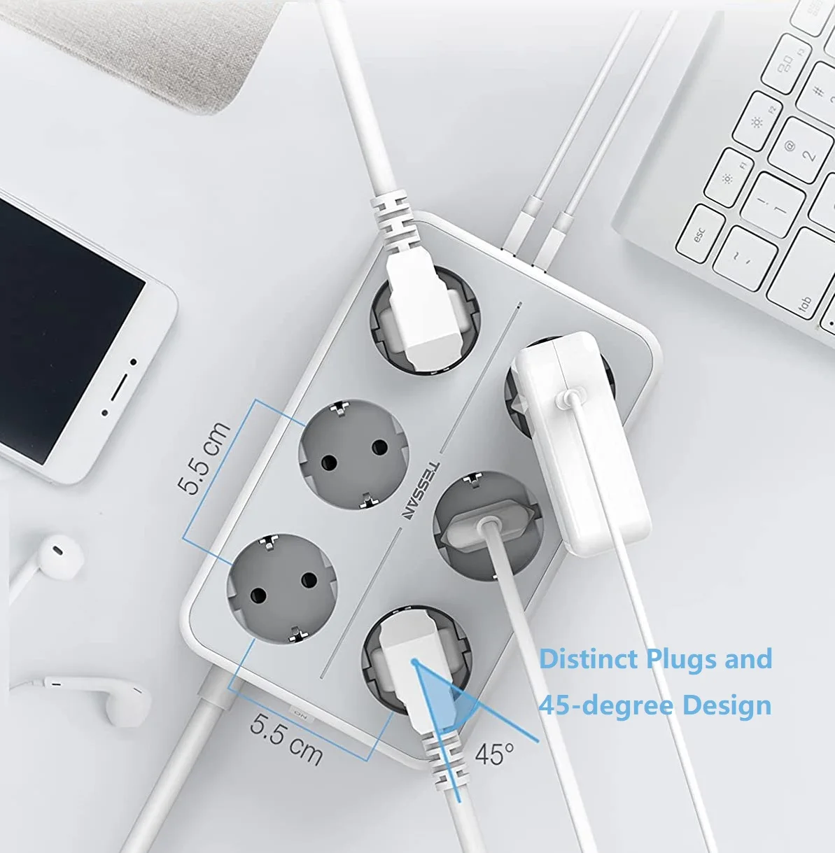 Настенный удлинитель с 2 м кабелем 6 розеток 3 USB порта|Вилки розеткой| |