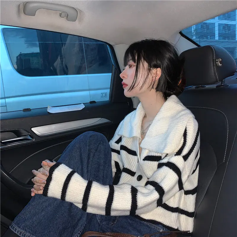 

Женские свитера, кардиган, Осень-зима, свитер контрастных цветов в полоску с отворотом и длинными рукавами, кардиган для женщин, женские сви...