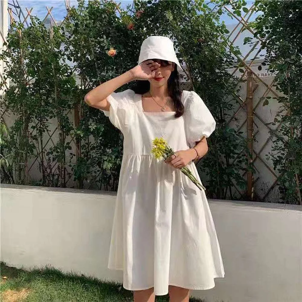 

Casual Square Collar Puff Sleeve Mini Sweet Dress Woman Backless High Waist Loose Linen Solid Dress 2021 Summer