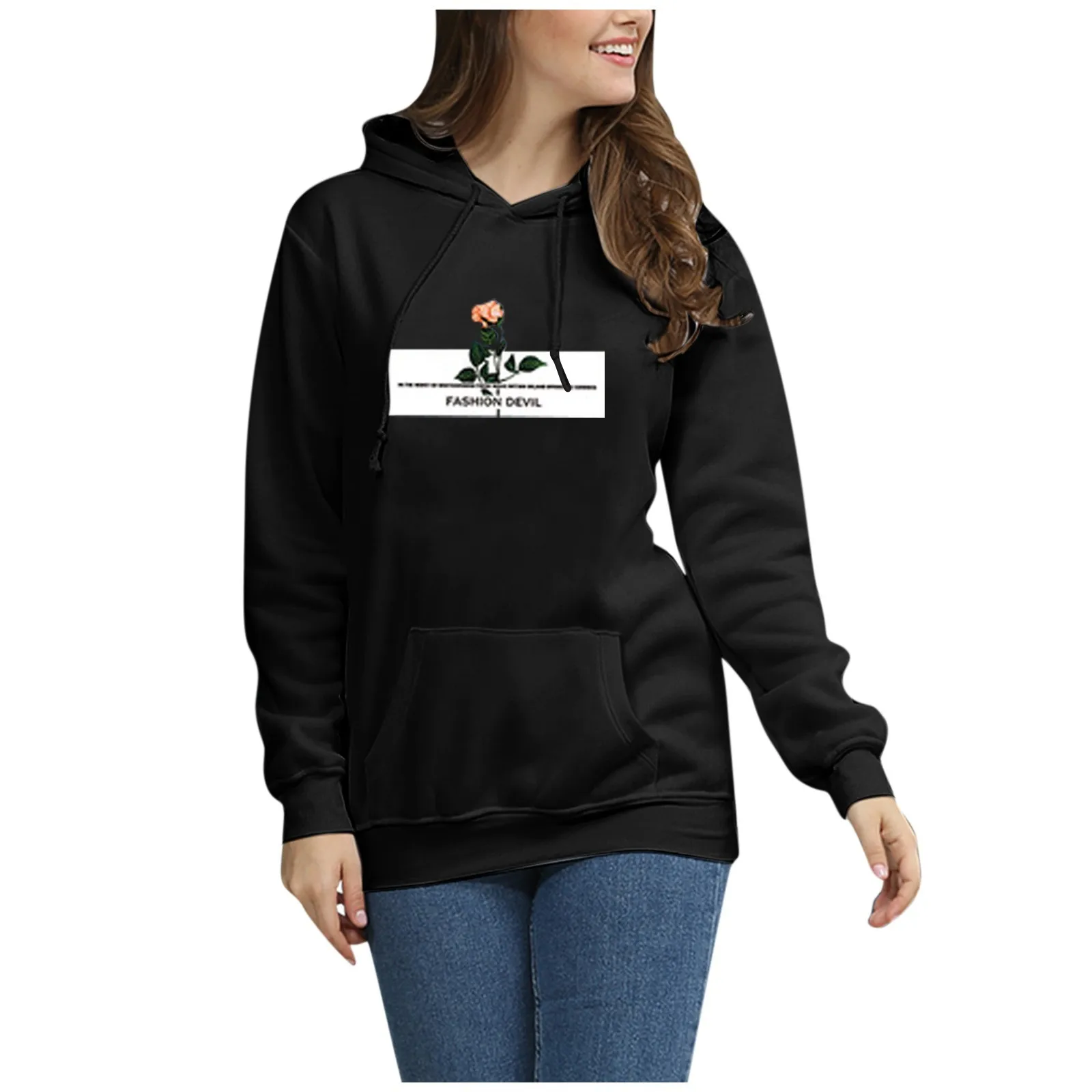 

Осенняя Толстовка с длинным рукавом и капюшоном, розовые толстовки с принтом в виде роз, женский свободный пуловер с карманами и кулиской, с...