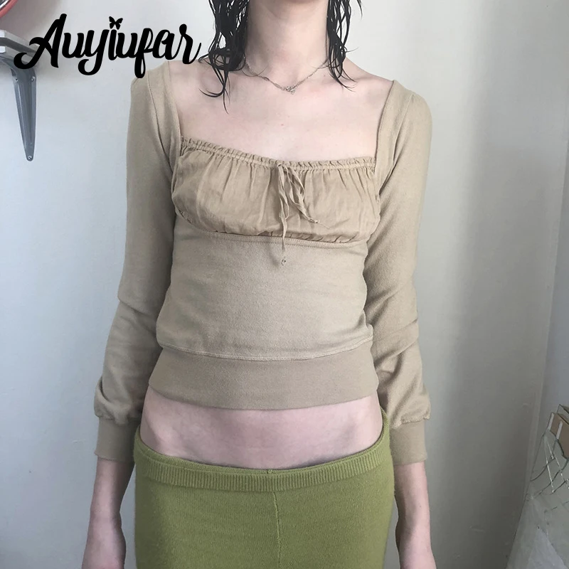 

Auyiufar Solid Tie Front Fairy Grunge Top Ruch Milkmaid Y2K Casual Aesthetic Vintage Tees Elfcore Fall Cropped Outfits For Women