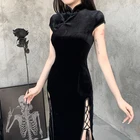 Женское бархатное платье-Ципао, винтажное облегающее платье черного цвета с завязками, вечерняя одежда в готическом стиле для вечеринок