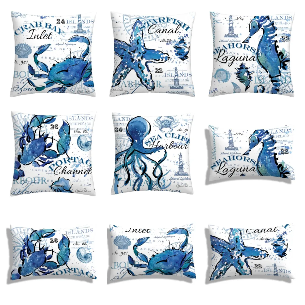

Blue lobster blue octopus blue crab print plush pillowcase， sofa cushion cover for home improvement, home decoration pillowcase