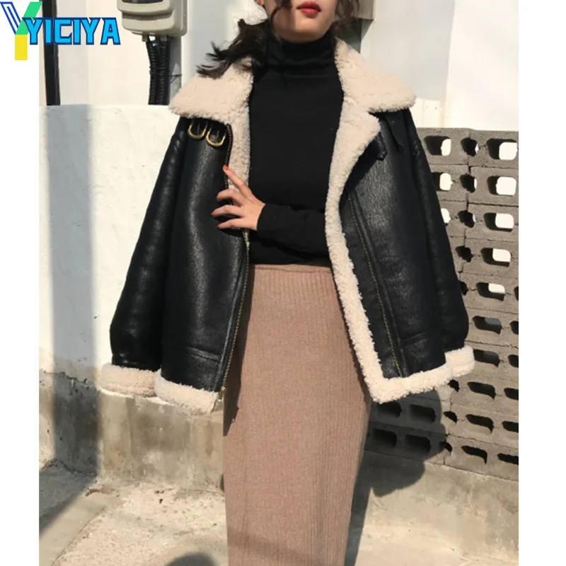 YICIYA Winter Lamb Fur Leather Short Jacket Woman 2021 New Thick Stand Collar Motorcycle Bomber Faux Sheepskin Lambswool Pu Coat